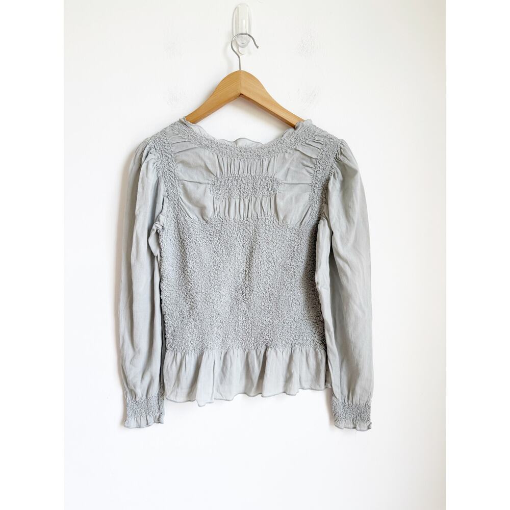 By Anthropologie Balloon-Sleeve Smocked Peplum Blouse Small Green Gray - Picture 4 of 6